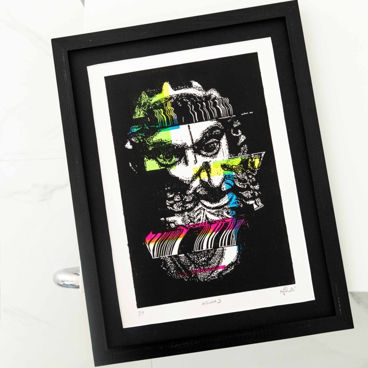 Autorska grafika warsztatowa, wykonana w pracowni Ostatnie Sztuki, techniką druku wypukłego, linorytu. Linoryt print.