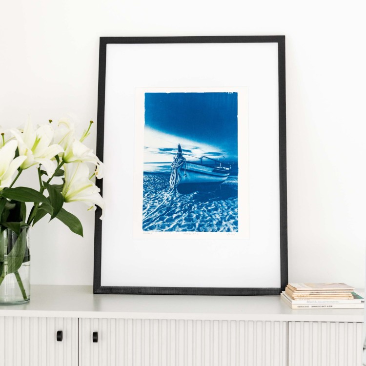 Cyjanotypia. Unikalna fotografia w ramce 50x70cm, oryginał 1/1. "Pineda De Mar II"