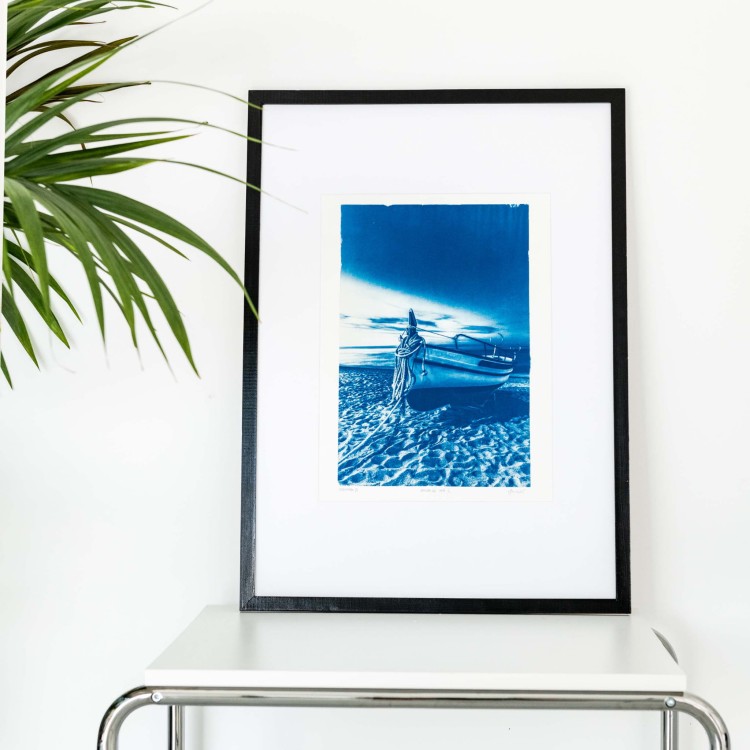 Cyjanotypia. Unikalna fotografia w ramce 50x70cm, oryginał 1/1. "Pineda De Mar II"