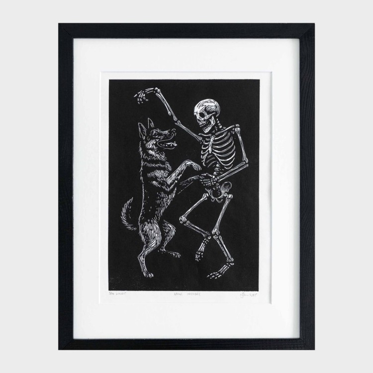 Linoryt - Danse Macabre - taniec psa i śmierci, w ramie 30x40cm
