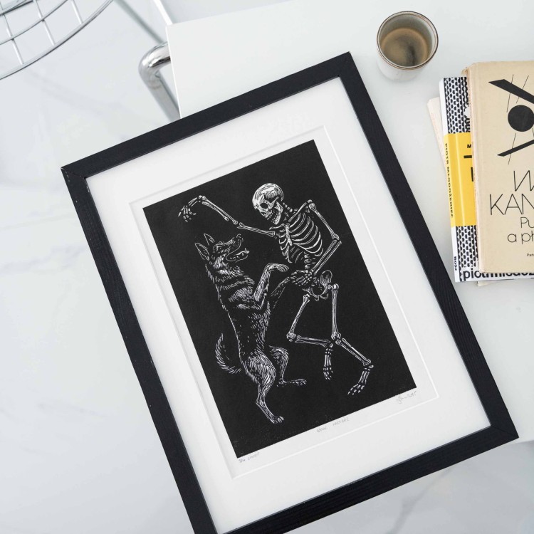 Linoryt - Danse Macabre - taniec psa i śmierci, w ramie 30x40cm