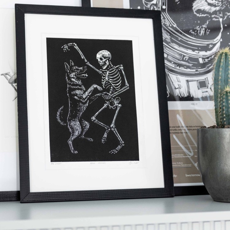 Linoryt - Danse Macabre - taniec psa i śmierci, w ramie 30x40cm