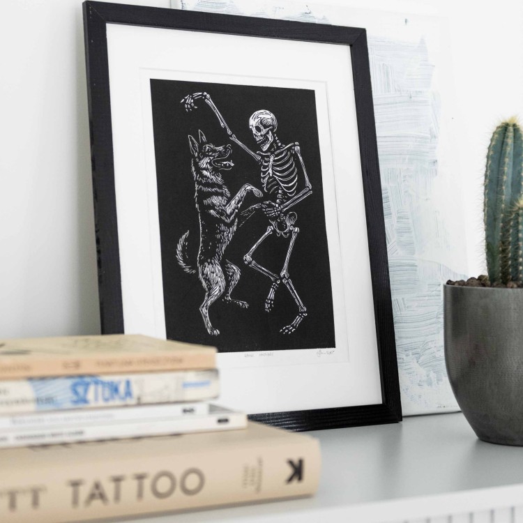 Linoryt - Danse Macabre - taniec psa i śmierci, w ramie 30x40cm