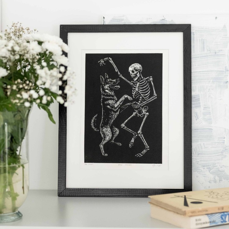 Linoryt - Danse Macabre - taniec psa i śmierci, w ramie 30x40cm
