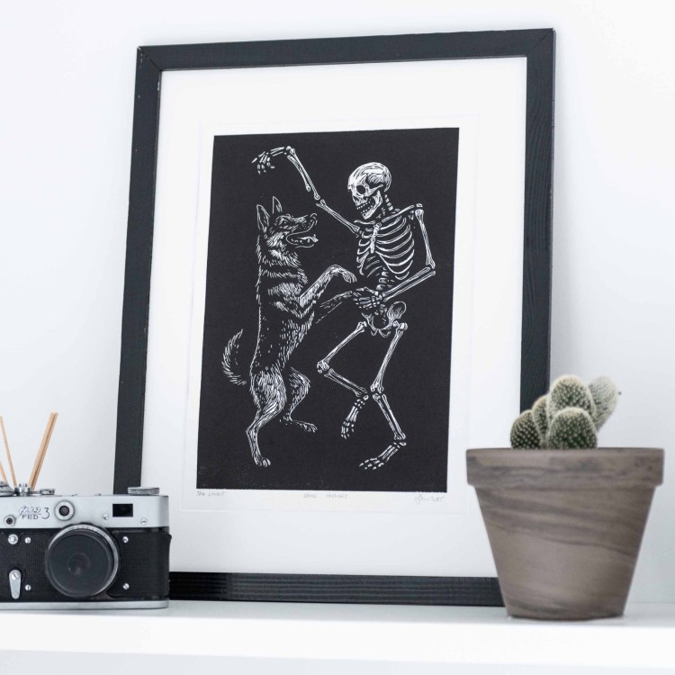 Linoryt - Danse Macabre - taniec psa i śmierci, w ramie 30x40cm