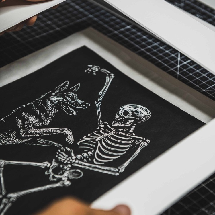 Linoryt - Danse Macabre - taniec psa i śmierci, w ramie 30x40cm