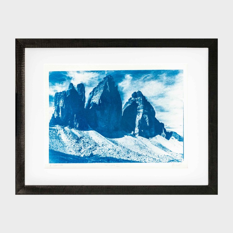 Cyjanotypia. Autorska fotografia w ramce, unikat 1/1. "Tre Cimes II" 30x40cm