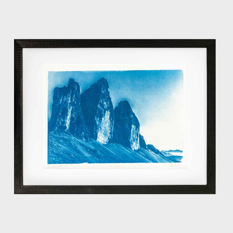 Cyjanotypia. Autorska fotografia w ramce, unikat 1/1. "Tre Cimes I" 30x40cm