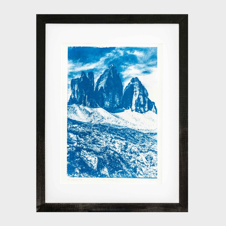 Cyjanotypia. Autorska fotografia w ramce, unikat 1/1. "Tre Cimes III" 30x40cm