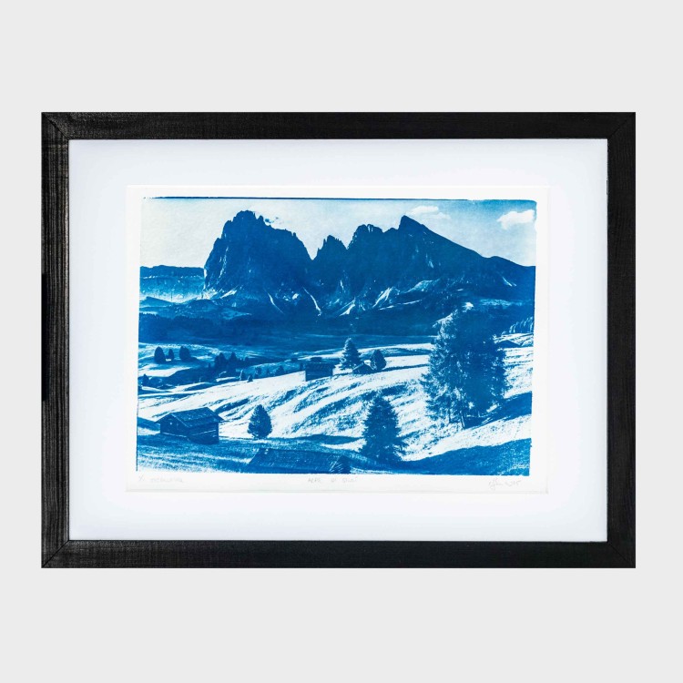 Cyjanotypia. Autorska fotografia w ramce, unikat 1/1. "Aple Di Siusi" 30x40cm