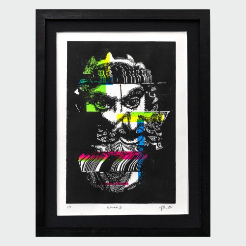 Autorska grafika warsztatowa, wykonana w pracowni Ostatnie Sztuki, techniką druku wypukłego, linorytu. Linoryt print.