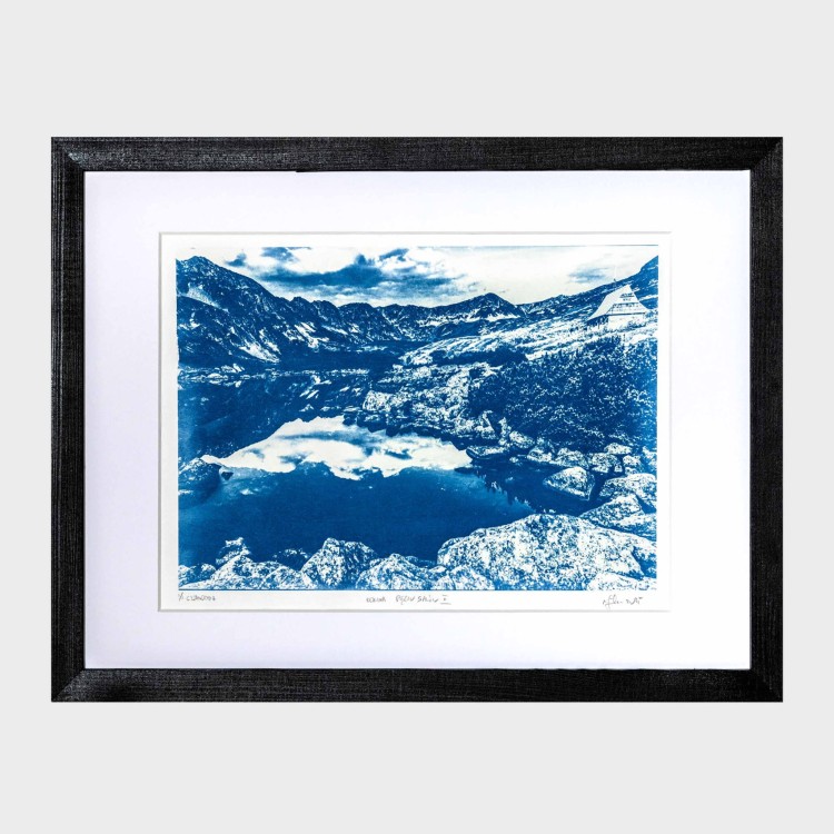 Cyjanotypia. Autorska fotografia w ramce, unikat 1/1. "Dolina Pięciu stawów II" 30x40cm