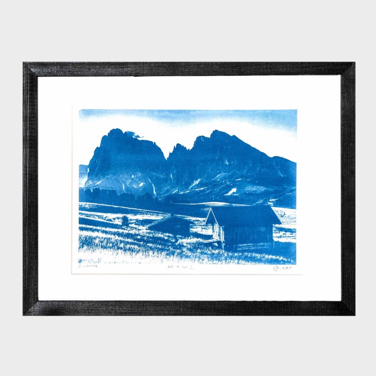 Cyjanotypia. Autorska fotografia w ramce, unikat 1/1. "Alpe di Siusi II" 30x40cm