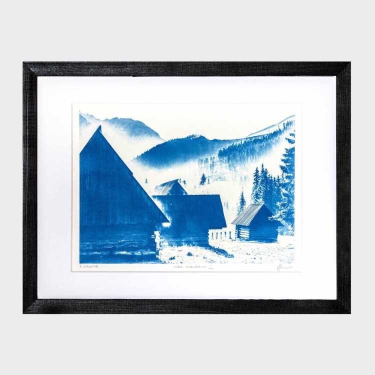 Cyjanotypia. Autorska fotografia w ramce, unikat 1/1. "Polana Chochołowska II" 30x40cm