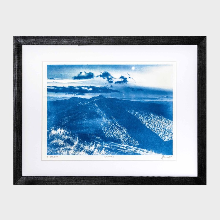 Cyjanotypia. Autorska fotografia w ramce, unikat 1/1. "Połoniny II" 30x40cm