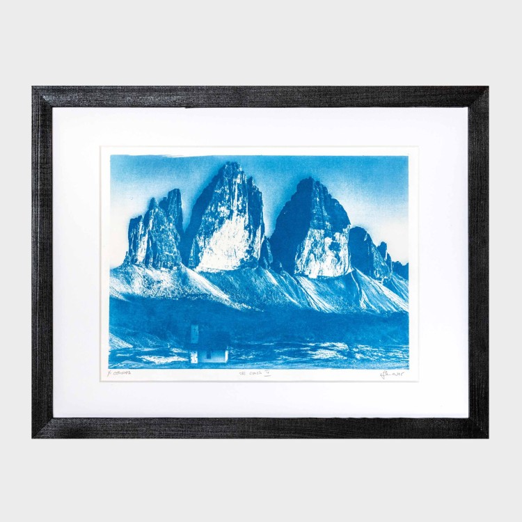 Cyjanotypia. Autorska fotografia w ramce, unikat 1/1. "Tre Cimes IV" 30x40cm
