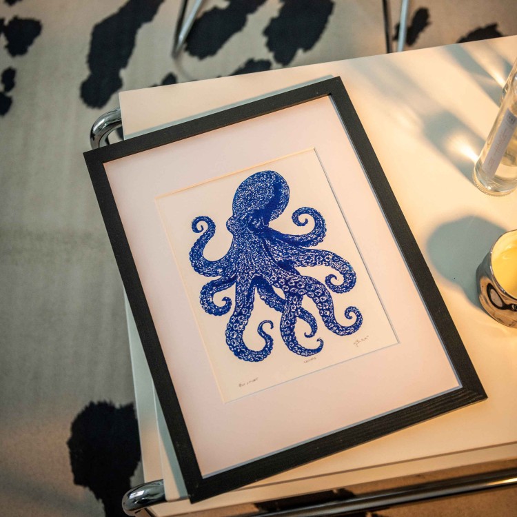 Egzemplarz kolekcjonerski No: 1/30 Linoryt - Octopus, ośmiornica w ramie 30x40cm