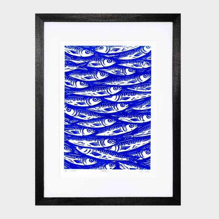 Egzemplarz kolekcjonerski No: 1/21 Linoryt - Sardines - sardynki, w ramie 30x40cm