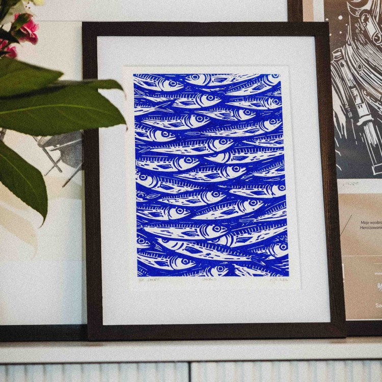 Egzemplarz kolekcjonerski No: 1/21 Linoryt - Sardines - sardynki, w ramie 30x40cm