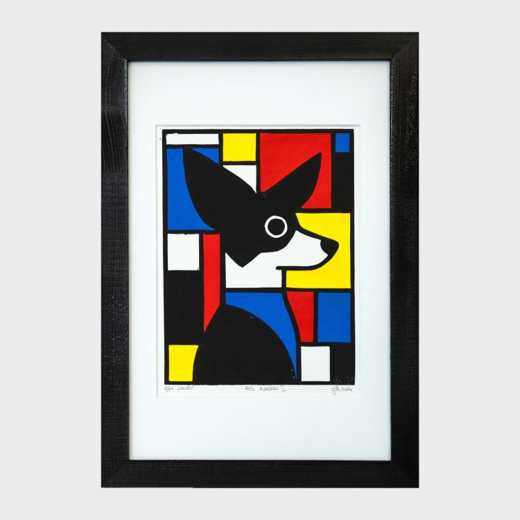 Egzemplarz kolekcjonerski No: 1/29 Linoryt Pies Mondrian II - pies, w ramie 20x30cm