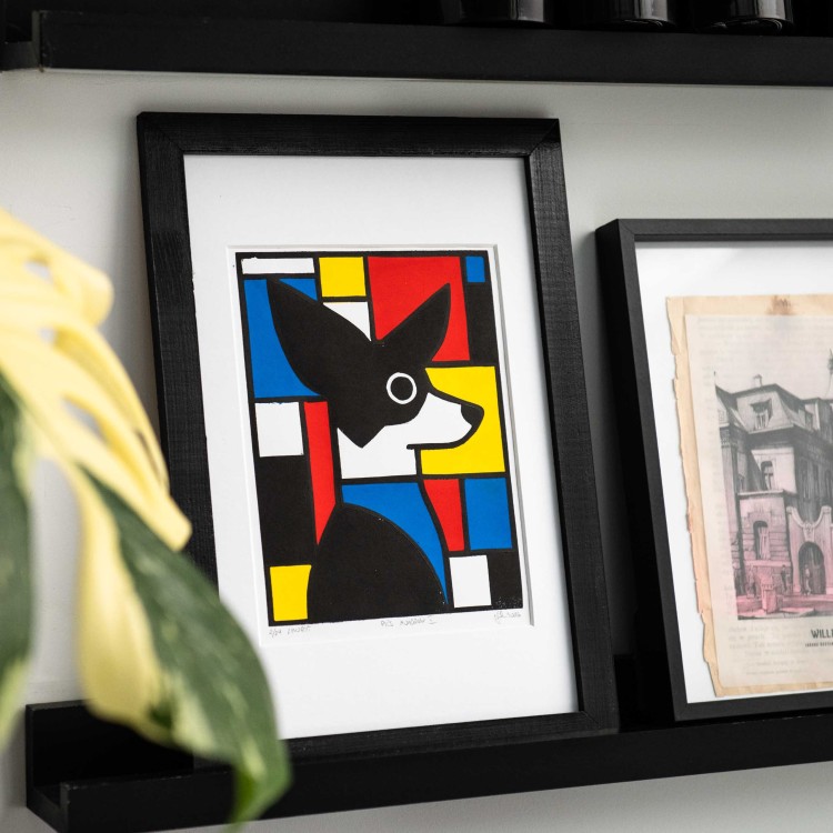 Egzemplarz kolekcjonerski No: 1/29 Linoryt Pies Mondrian II - pies, w ramie 20x30cm