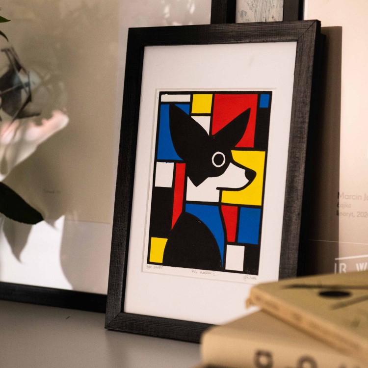 Egzemplarz kolekcjonerski No: 1/29 Linoryt Pies Mondrian II - pies, w ramie 20x30cm