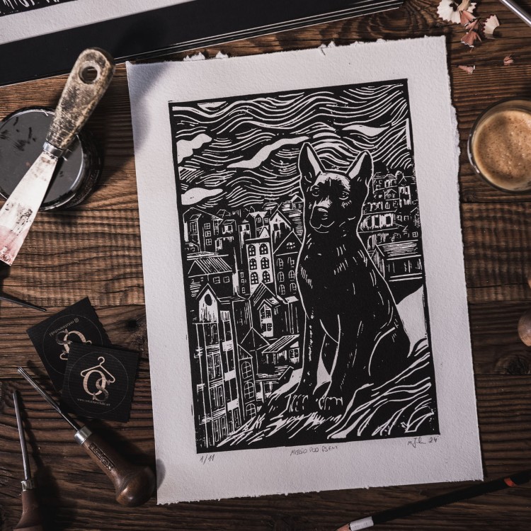 Autorska grafika warsztatowa, wykonana w pracowni Ostatnie Sztuki, techniką druku wypukłego, linorytu. Linoryt print.