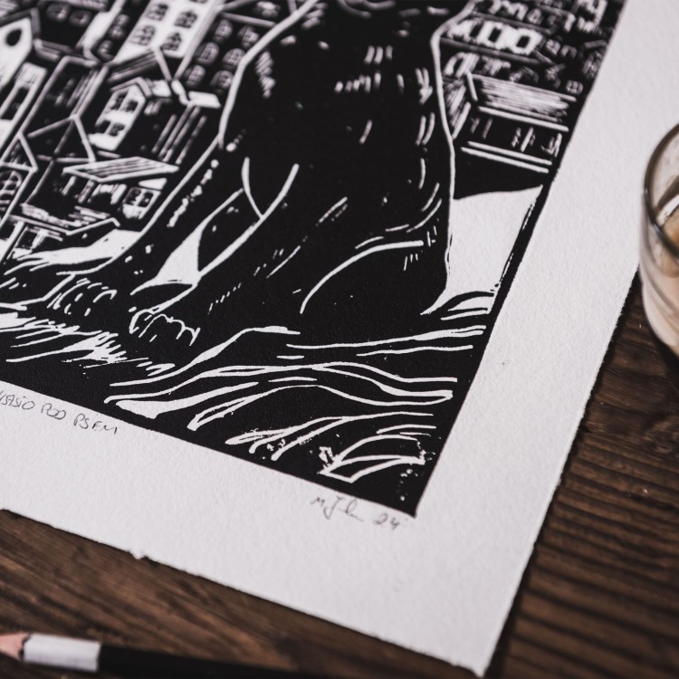 Autorska grafika warsztatowa, wykonana w pracowni Ostatnie Sztuki, techniką druku wypukłego, linorytu. Linoryt print.