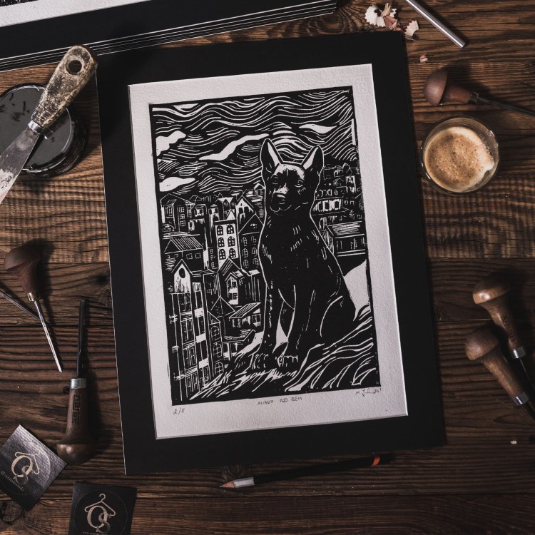 Autorska grafika warsztatowa, wykonana w pracowni Ostatnie Sztuki, techniką druku wypukłego, linorytu. Linoryt print.