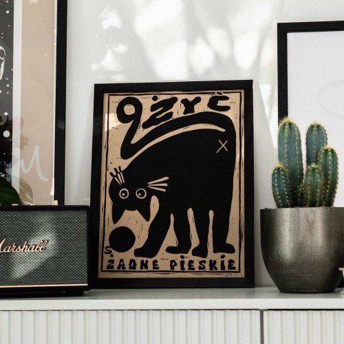 Linoryt 9 Żyć - kot etno/naive art, w ramie 30x40cm