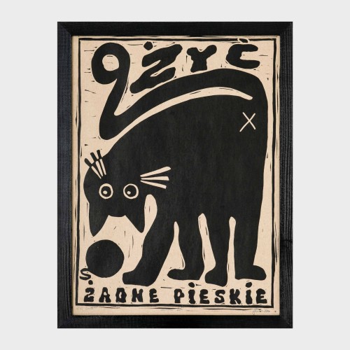 Egzemplarz kolekcjonerski No: 1/45 Linoryt 9 Żyć - kot etno/naive art, w ramie 30x40cm