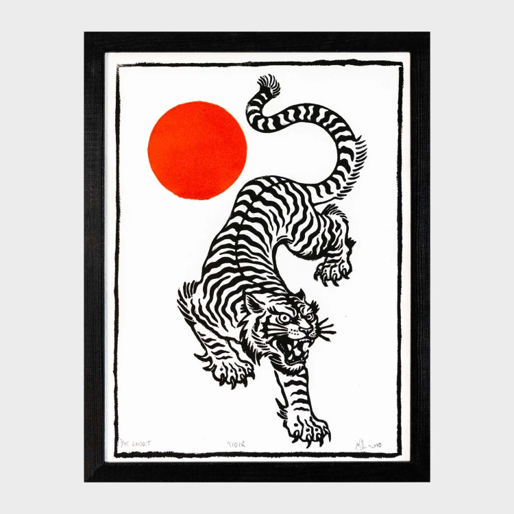 Linoryt Tiger - tygrys, w ramie 30x40cm