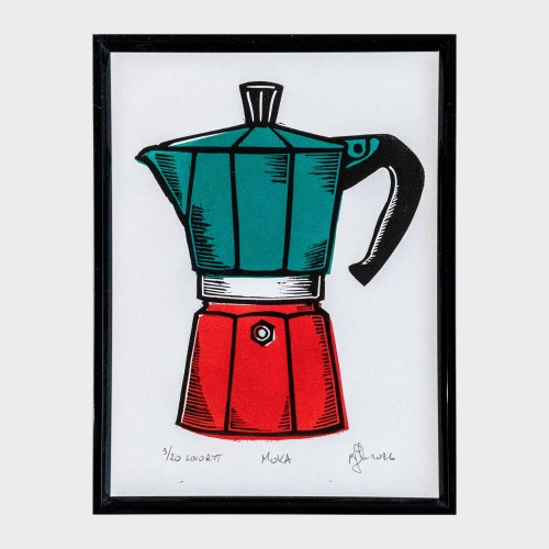 Linoryt "Moka" - włoska kawiarka, w ramce 15x20cm