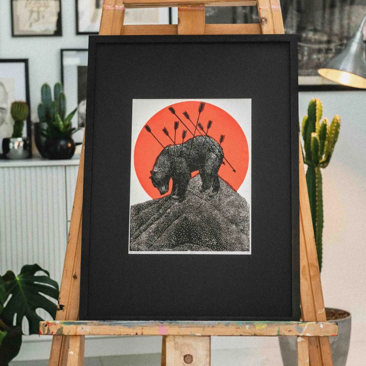 Egzemplarz kolekcjonerski No: 1/14 Linoryt "Ecce Ursus"- oprawiony w ramie 50x70 cm