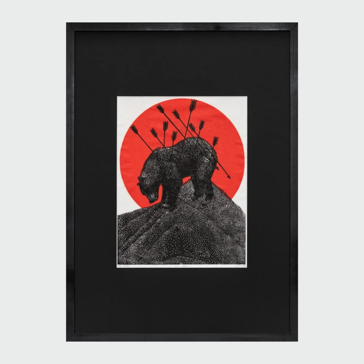 Linoryt "Ecce Ursus"- oprawiony w ramie 50x70 cm