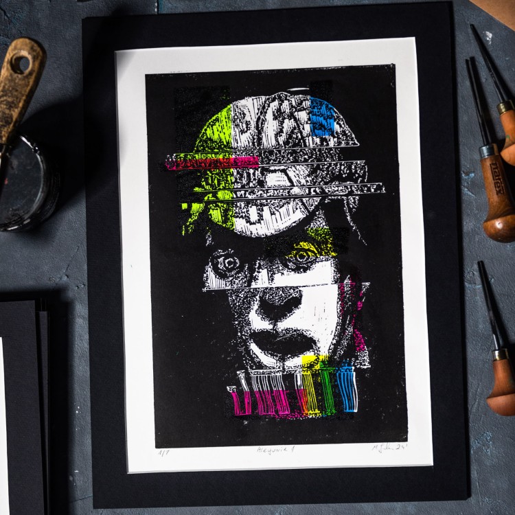 Autorska grafika warsztatowa, wykonana w pracowni Ostatnie Sztuki, techniką druku wypukłego, linorytu. Linoryt print.