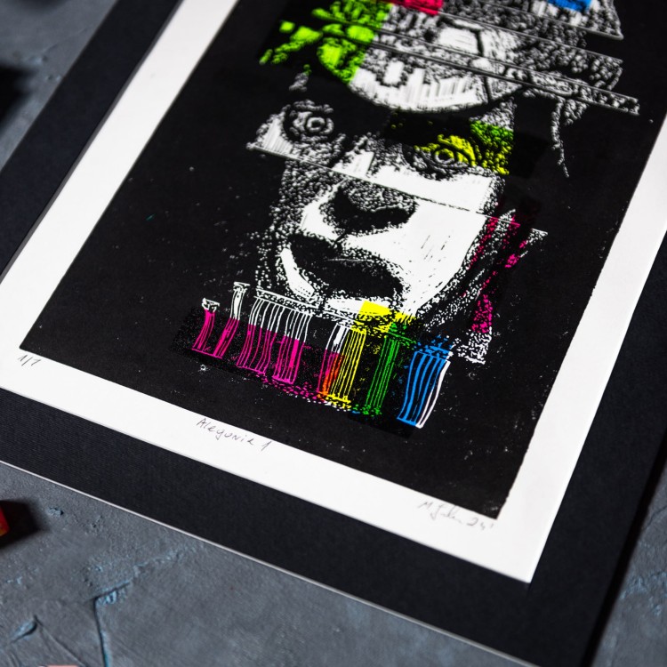 Autorska grafika warsztatowa, wykonana w pracowni Ostatnie Sztuki, techniką druku wypukłego, linorytu. Linoryt print.