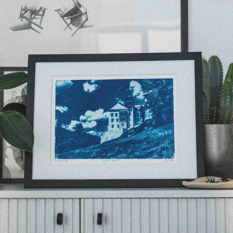 Cyjanotypia. Autorska fotografia w ramce, unikat 1/1. "Pieskowa Skała" 30x40cm