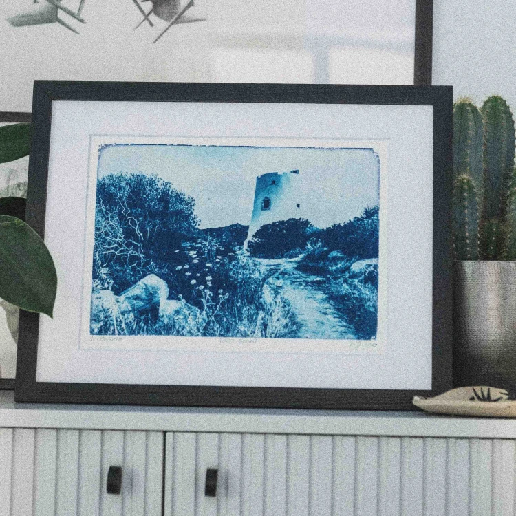 Cyjanotypia. Autorska fotografia w ramce, unikat 1/1. "Porto Guinco" 30x40cm