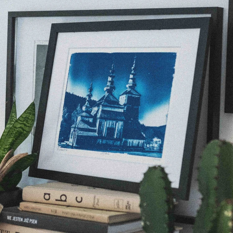 Cyjanotypia. Autorska fotografia w ramce, unikat 1/1. "Krempna" 30x40cm
