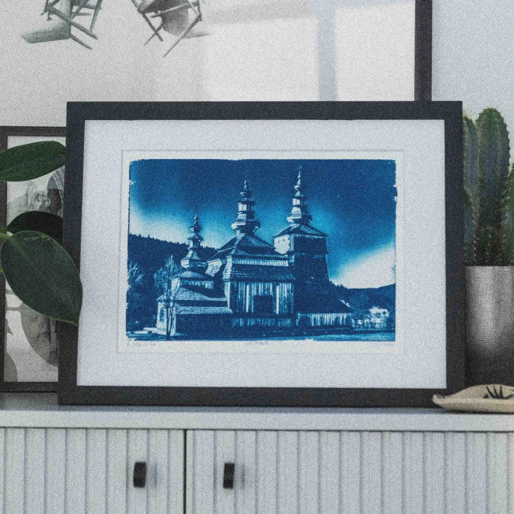 Cyjanotypia. Autorska fotografia w ramce, unikat 1/1. "Krempna" 30x40cm