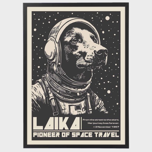 Autorski plakat " Łajka " - pies w kosmosie "