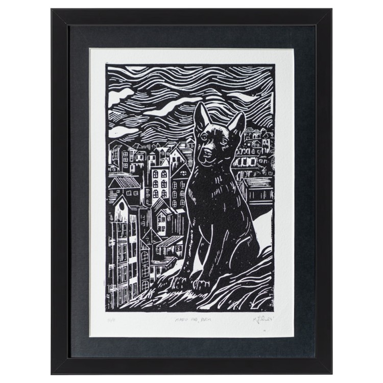 Autorska grafika warsztatowa, wykonana w pracowni Ostatnie Sztuki, techniką druku wypukłego, linorytu. Linoryt print.
