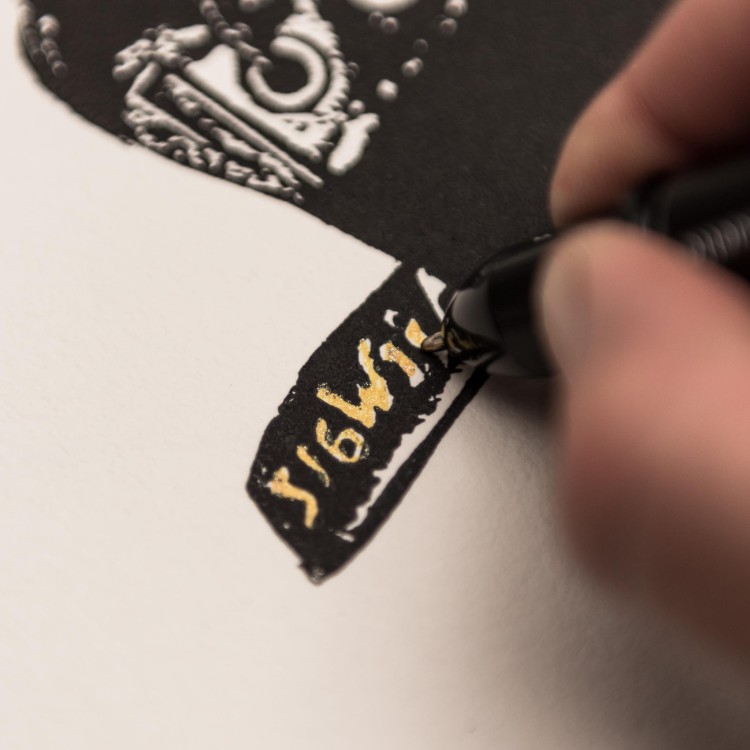 Autorska grafika warsztatowa, wykonana w pracowni Ostatnie Sztuki, techniką druku wypukłego, linorytu. Linoryt print.
