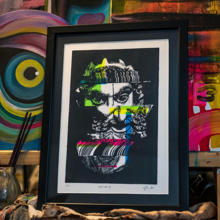 Autorska grafika warsztatowa, wykonana w pracowni Ostatnie Sztuki, techniką druku wypukłego, linorytu. Linoryt print.