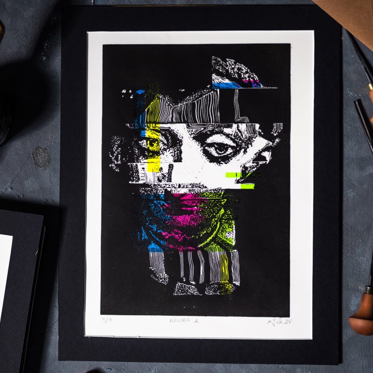 Autorska grafika warsztatowa, wykonana w pracowni Ostatnie Sztuki, techniką druku wypukłego, linorytu. Linoryt print.