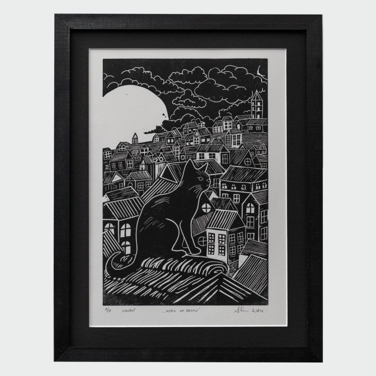 Autorska grafika warsztatowa, wykonana w pracowni Ostatnie Sztuki, techniką druku wypukłego, linorytu. Linoryt print.