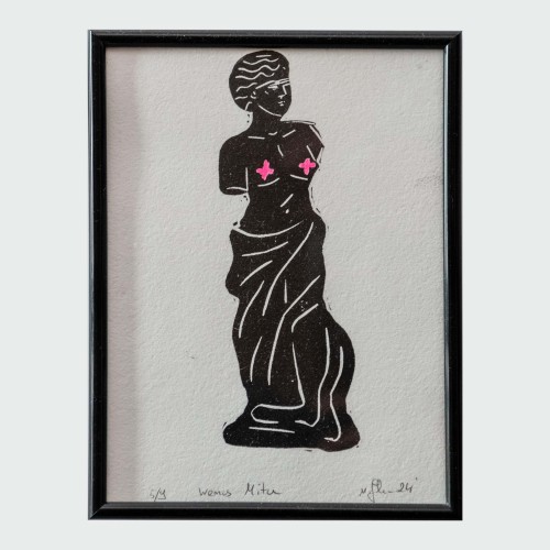 Oryginalna grafika linoryt, oprawiona w czarną ramkę. Limitowana i sygnowana edycja.