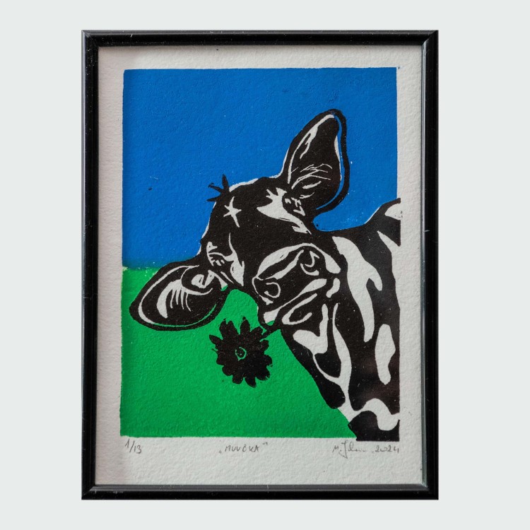 Autorska grafika warsztatowa, wykonana w pracowni Ostatnie Sztuki, techniką druku wypukłego, linorytu. Linoryt print.