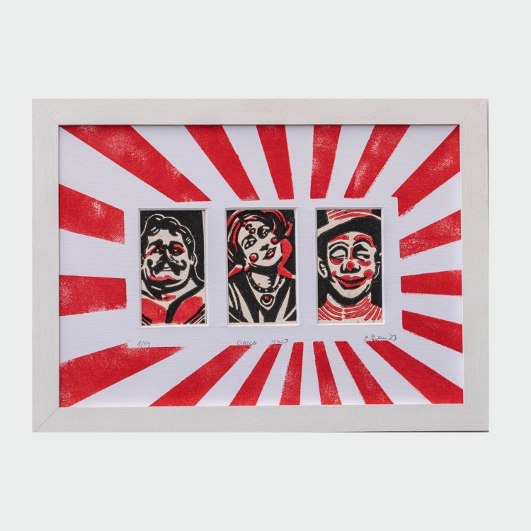 Autorska grafika warsztatowa, wykonana w pracowni Ostatnie Sztuki, techniką druku wypukłego, linorytu. Linoryt print.